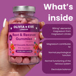 A hand holds a bottle of Olivia + Eve Rest & Recover Gummies against a purple background with informational text about the gummies' ingredients and benefits.
