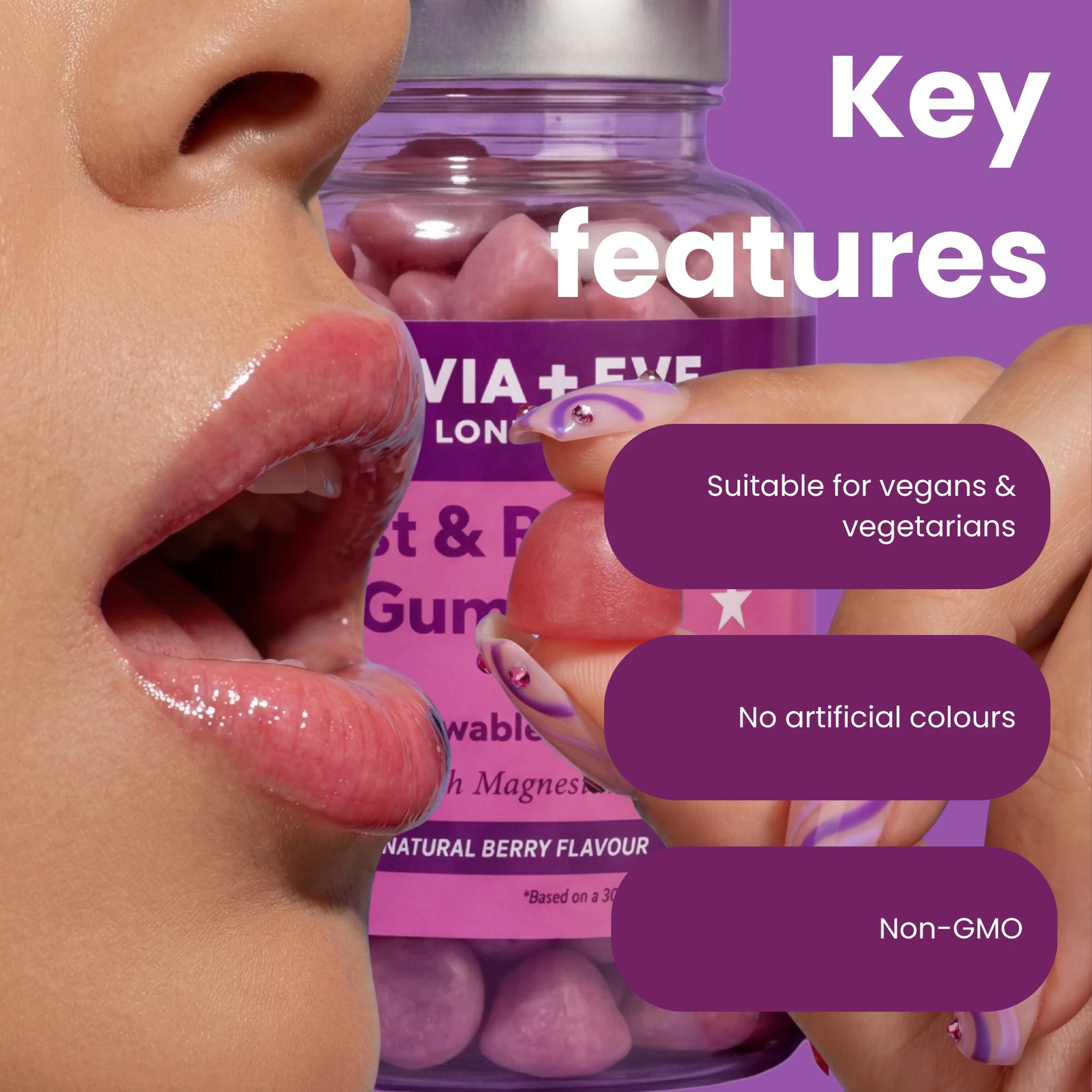 Close-up of a person's lips touching a bottle of gummy vitamins, with text overlays highlighting key features like suitability for vegans and vegetarians, no artificial colors, and non-GMO. Olivia + Eve Rest & Recover Gummies