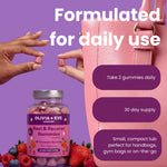Olivia + Eve Rest & Recover Gummies bottle shown with hands holding gummies, a pink handbag, and promotional text on a purple background.