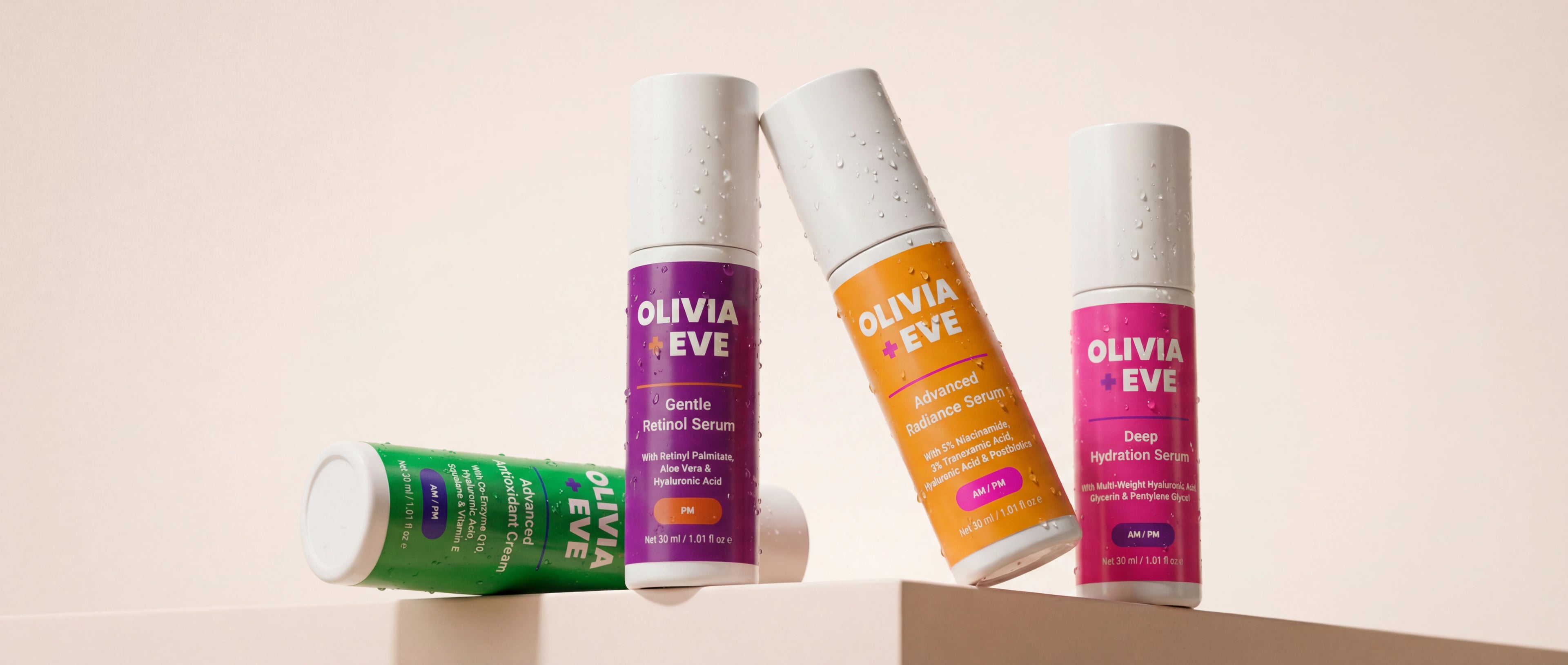 Olivia + Eve London bottles on a platform