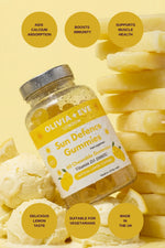 Jar of Olivia + Eve Sun Defence Gummies surrounded by lemon ice cream on a yellow background