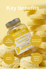 Jar of Olivia + Eve Sun Defence Gummies with lemon slices on a yellow background