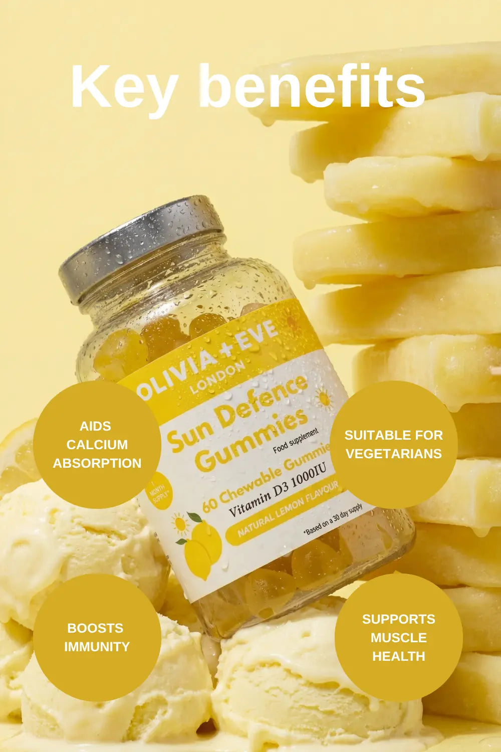 Jar of Olivia + Eve Sun Defence Gummies with lemon slices on a yellow background