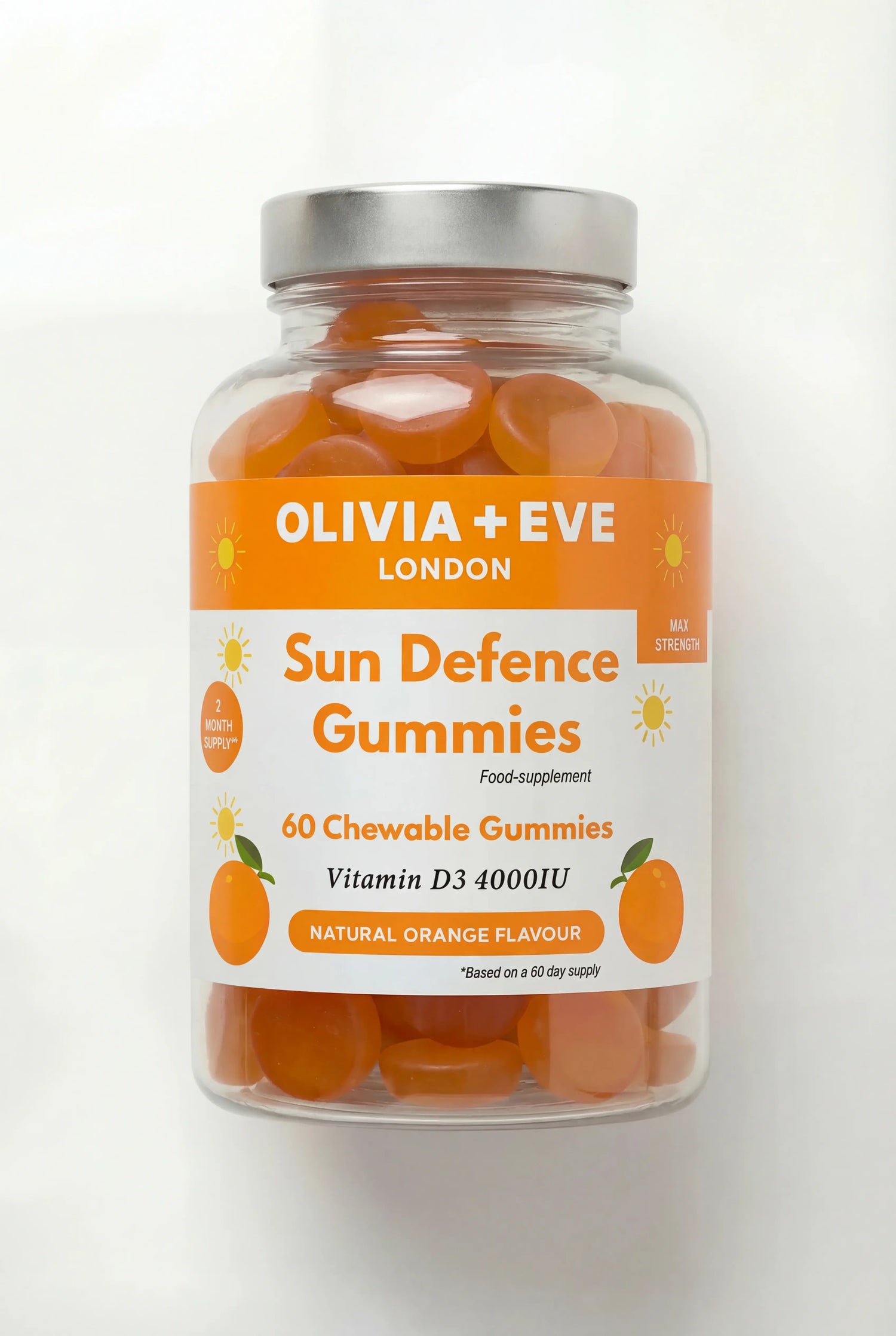 Bottle of Olivia + Eve London Sun Defence Gummies on a white background