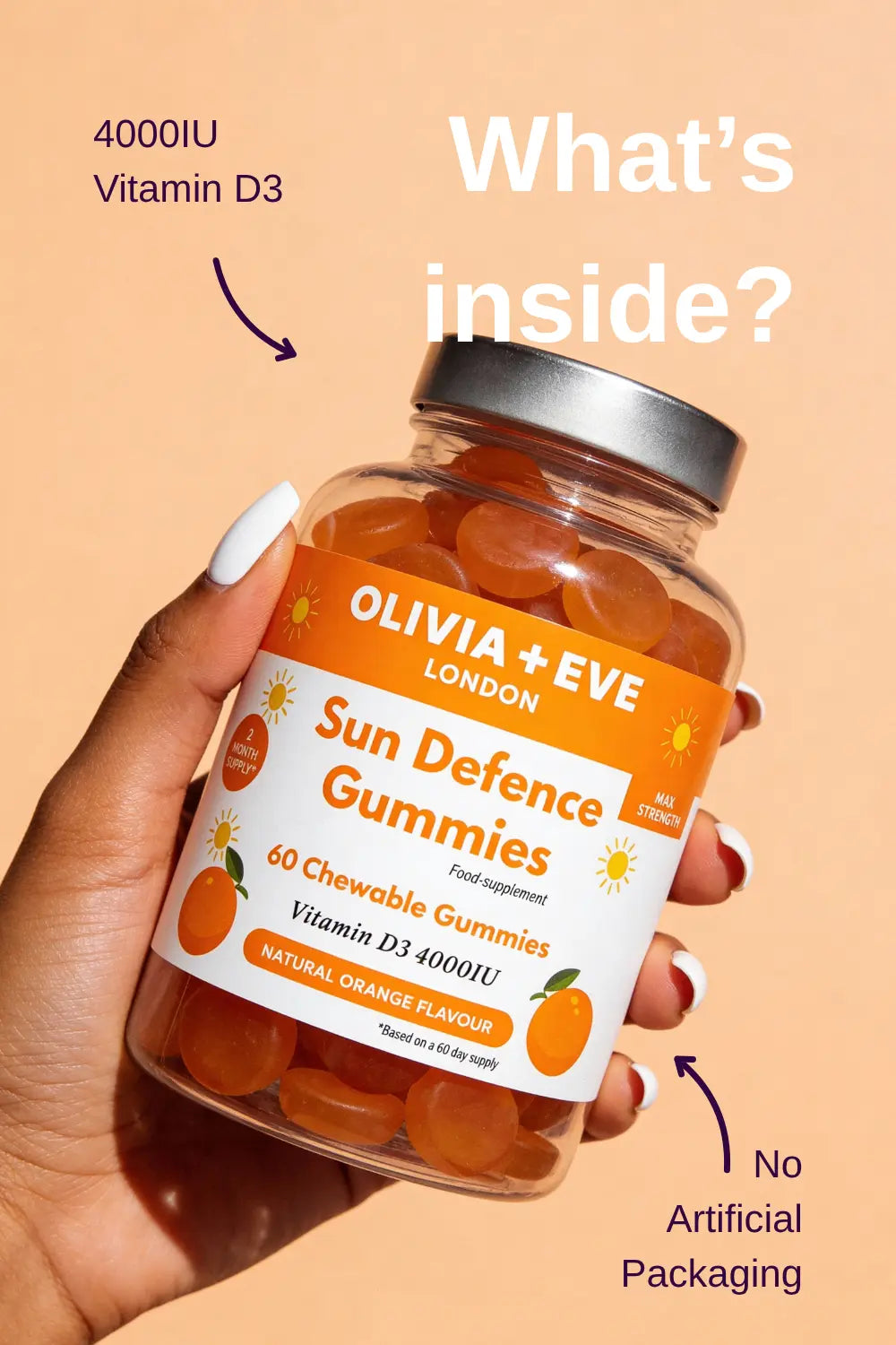 Hand holding a jar of Olivia+ Eve Sun Defence Gummies with text on a beige background