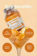 Olivia + Eve Sun Defence Gummies with key benefits on a beige background