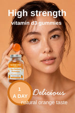 Woman holding a bottle of vitamin D3 gummies with text on an orange background