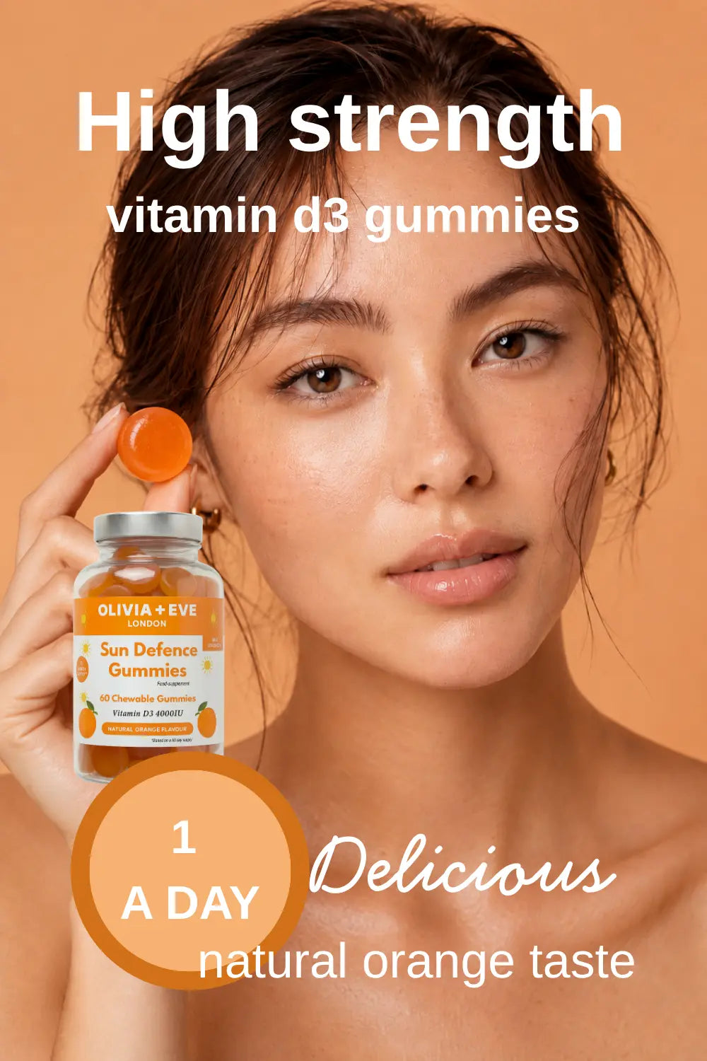 Woman holding a bottle of vitamin D3 gummies with text on an orange background
