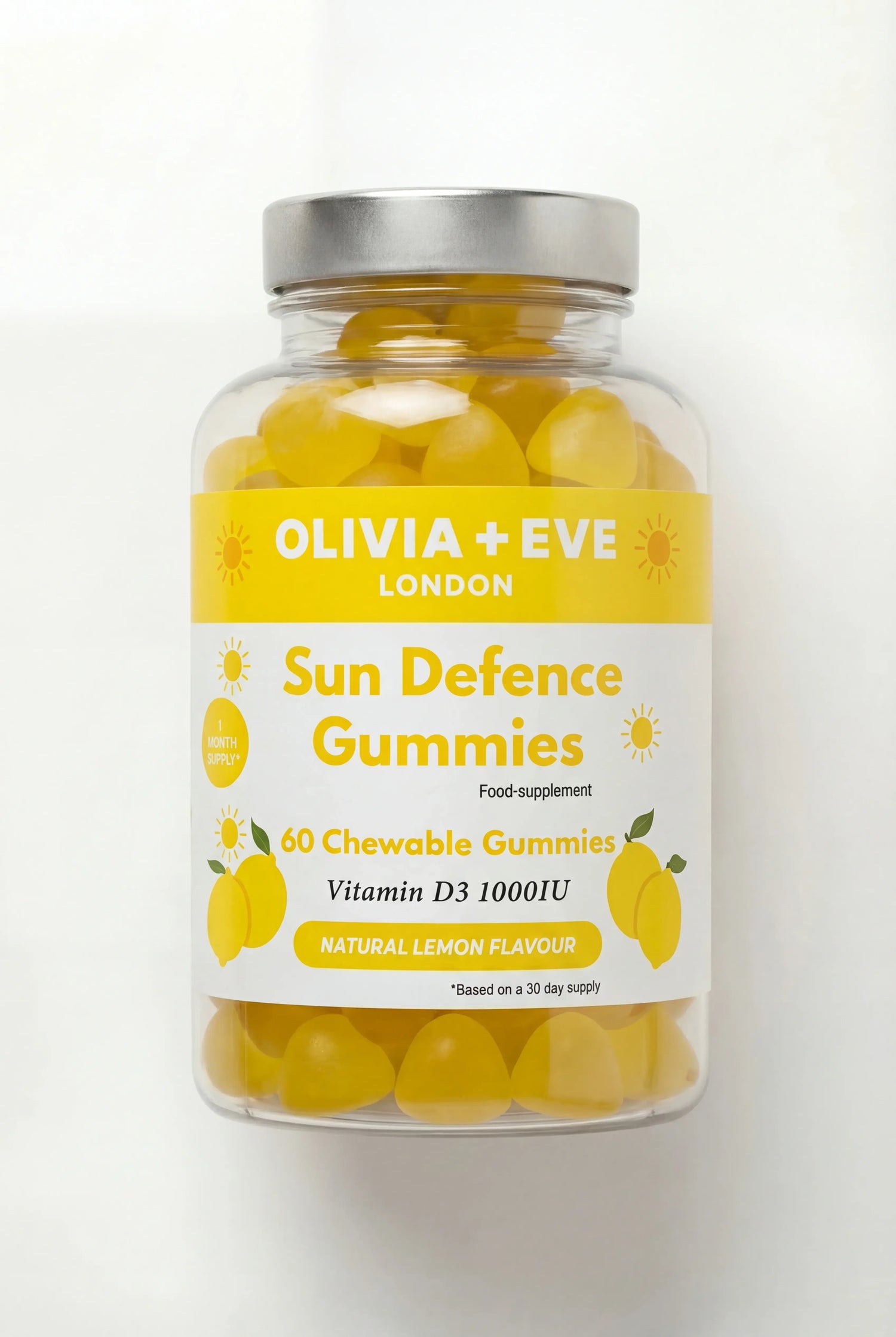 Bottle of Olivia + Eve London Sun Defence Gummies on a white background