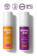 Two skincare serum bottles from Olivia Eve on a white background with brand logos.