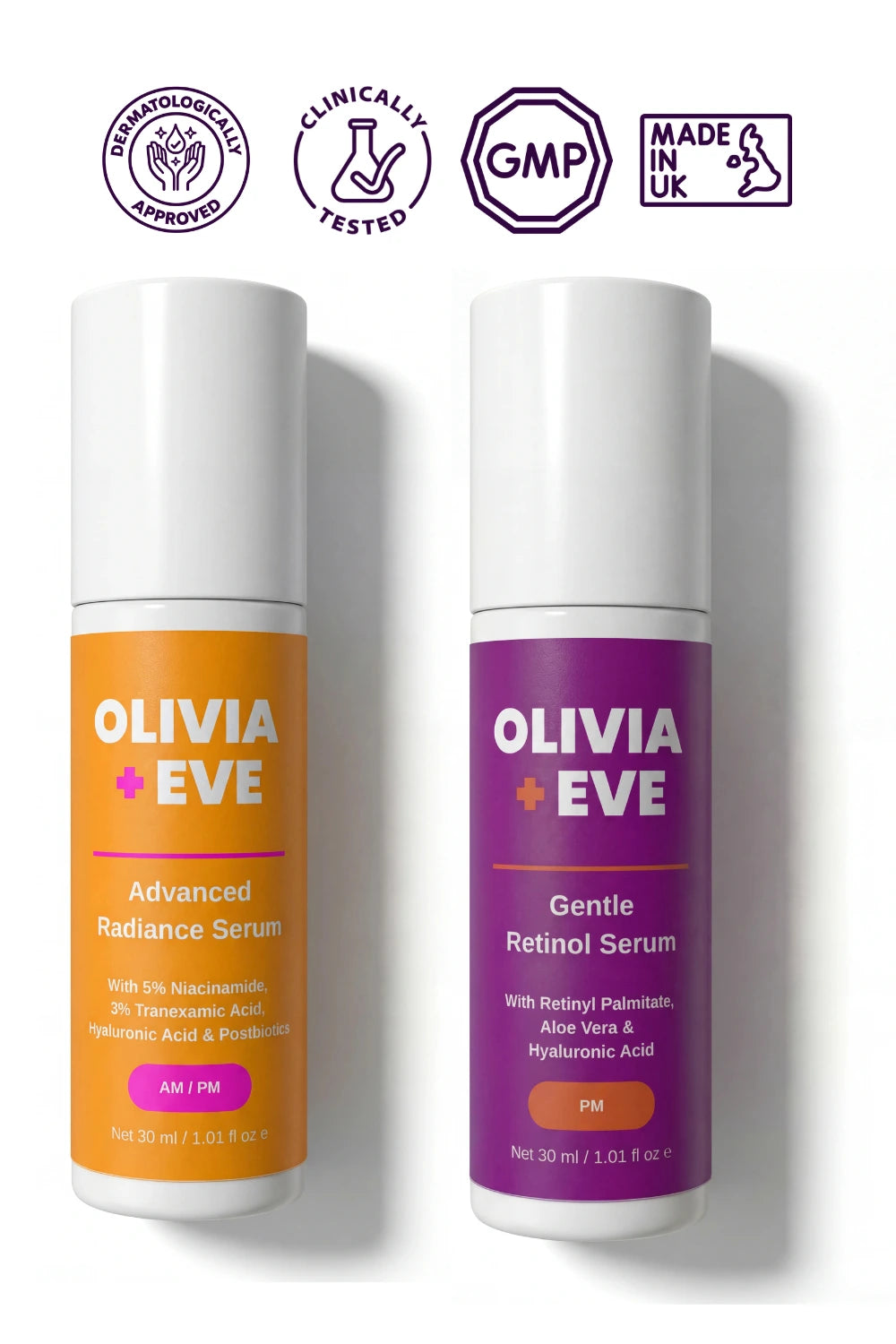 Two skincare serum bottles from Olivia Eve on a white background with brand logos.