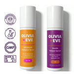 Two Olivia + Eve skincare roller bottles on a white background, one orange-labeled Advanced Radiance Serum and one purple-labeled Gentle Retinol Serum, with dermatologically approved, clinically tested, GMP, and Made in UK badges on the left.