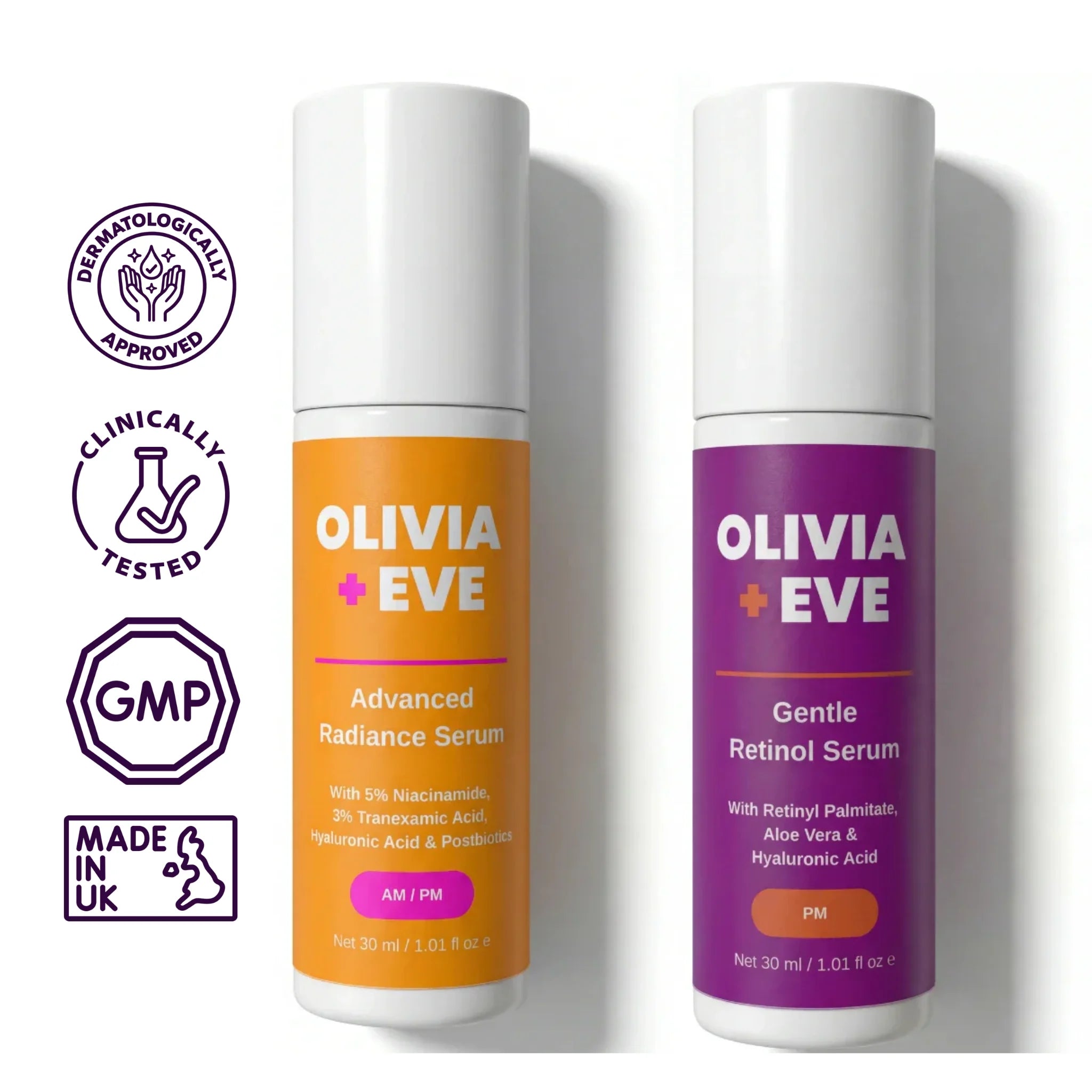 Two Olivia + Eve skincare roller bottles on a white background, one orange-labeled Advanced Radiance Serum and one purple-labeled Gentle Retinol Serum, with dermatologically approved, clinically tested, GMP, and Made in UK badges on the left.