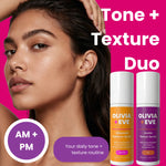 A beauty ad showing a woman's face and hair against a bright pink background, with two Olivia + Eve skincare bottles labeled Advanced Radiance Serum and Gentle Retinol Serum. Large white text reads 'Tone + Texture Duo,' and purple callout circles say 'AM + PM' and 'Your daily tone + texture routine.