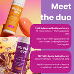 Promotional graphic for Olivia + Eve skincare showing two serum bottles, one orange-labeled Advanced Radiance Serum and one purple-labeled Gentle Retinol Serum, with text callouts on a pink-to-purple gradient background.