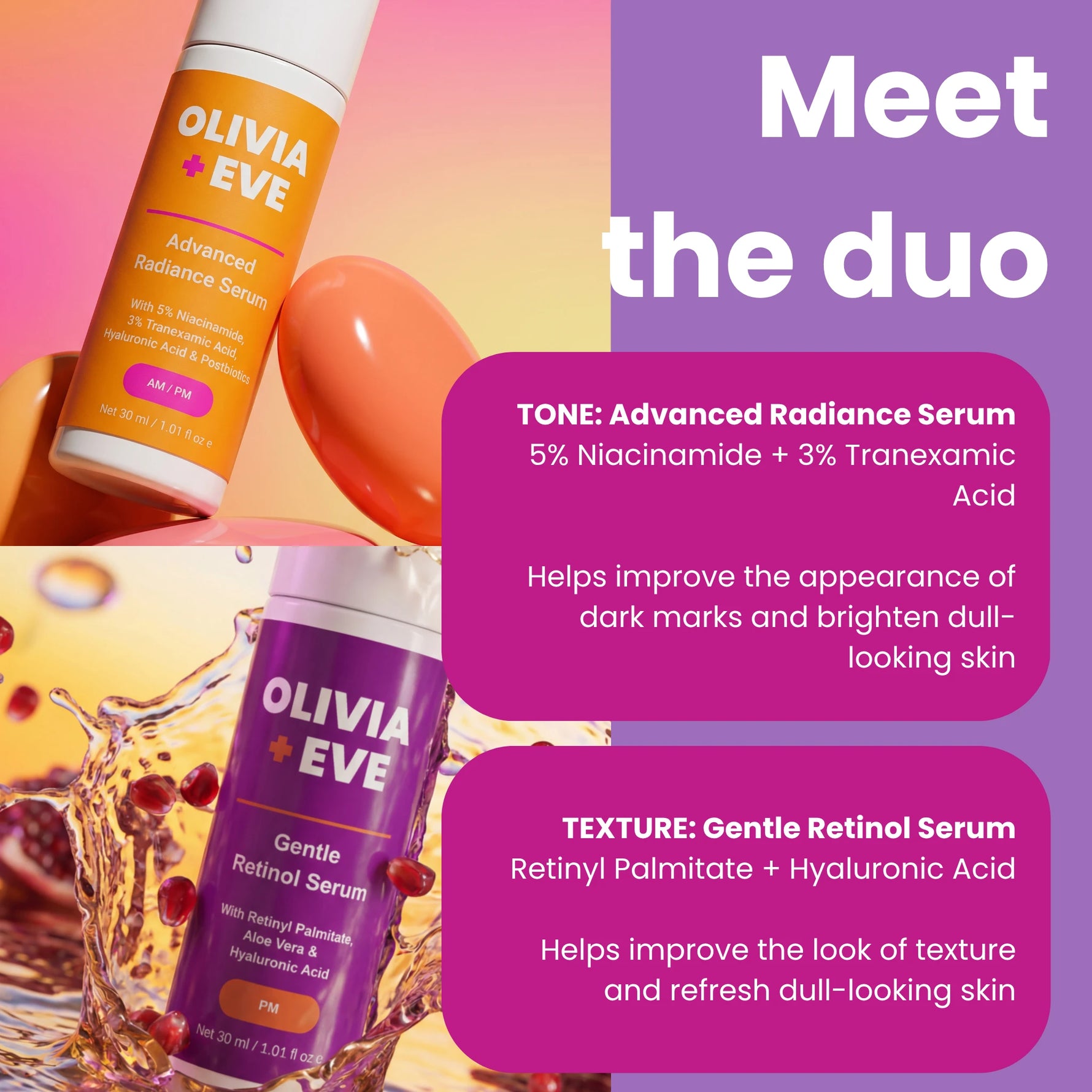 Promotional graphic for Olivia + Eve skincare showing two serum bottles, one orange-labeled Advanced Radiance Serum and one purple-labeled Gentle Retinol Serum, with text callouts on a pink-to-purple gradient background.