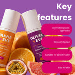 Two Olivia + Eve skincare bottles, one orange and one purple, surrounded by citrus fruits and a passion fruit on a purple background with text reading 'Key features' and four pink callout badges.