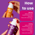 An instructional graphic titled 'How to use' showing two hands holding Olivia + Eve skincare bottles against a purple background. The top bottle is orange with white pump and text, labeled Advanced Radiance Serum, with usage instructions for morning application.