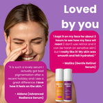 Promotional graphic for Olivia + Eve skincare featuring a woman touching her face, with two product bottles at the bottom and large quote bubbles on a purple background.