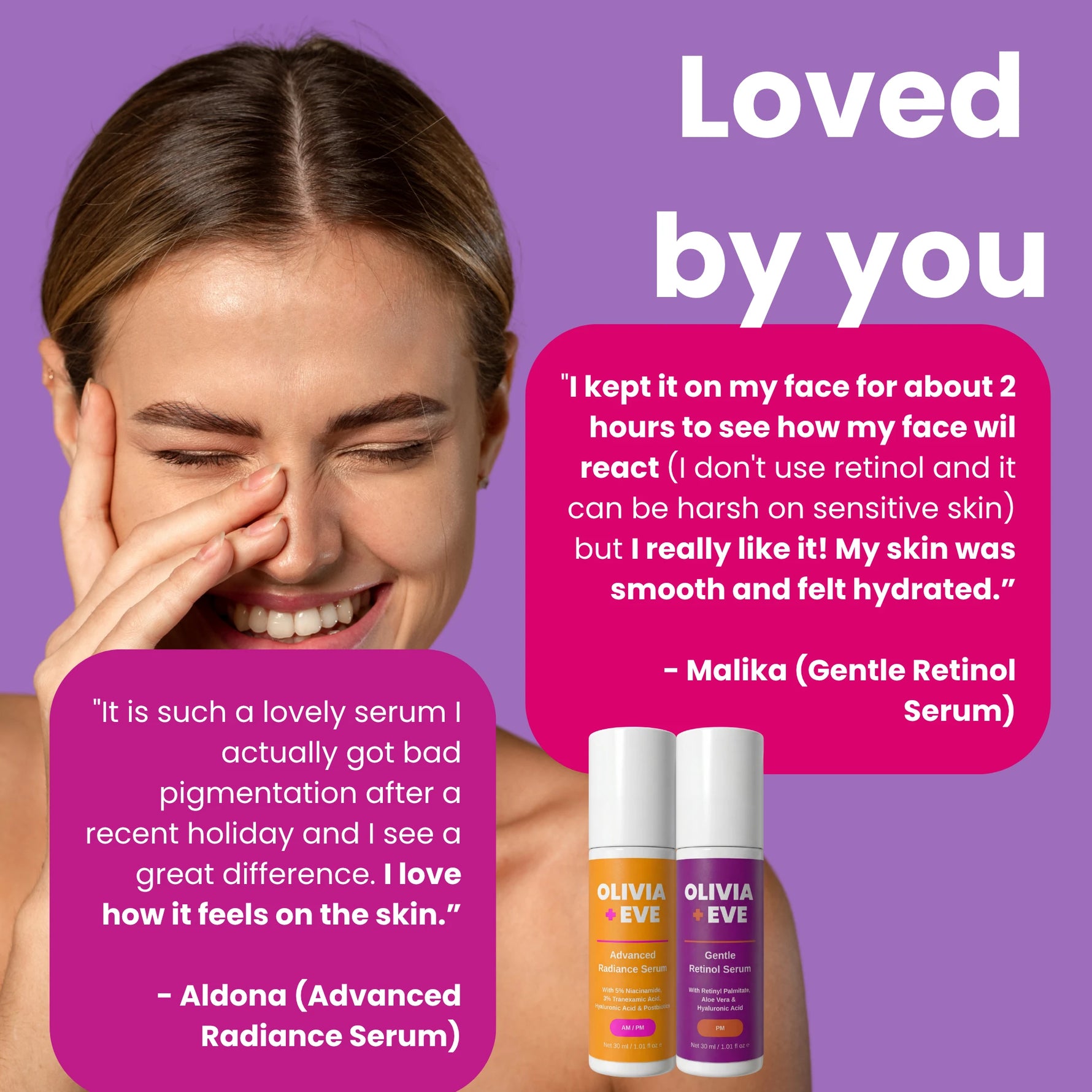 Promotional graphic for Olivia + Eve skincare featuring a woman touching her face, with two product bottles at the bottom and large quote bubbles on a purple background.