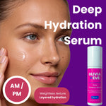 Promotional graphic for Olivia + Eve Deep Hydration Serum, featuring a close-up of a woman applying cream to her cheek against a purple background, alongside the pink and white serum bottle and text reading 'Deep Hydration Serum' and 'AM / PM'.